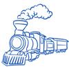 blue line drawing of a train with two cars and smoke billowing out of the engine